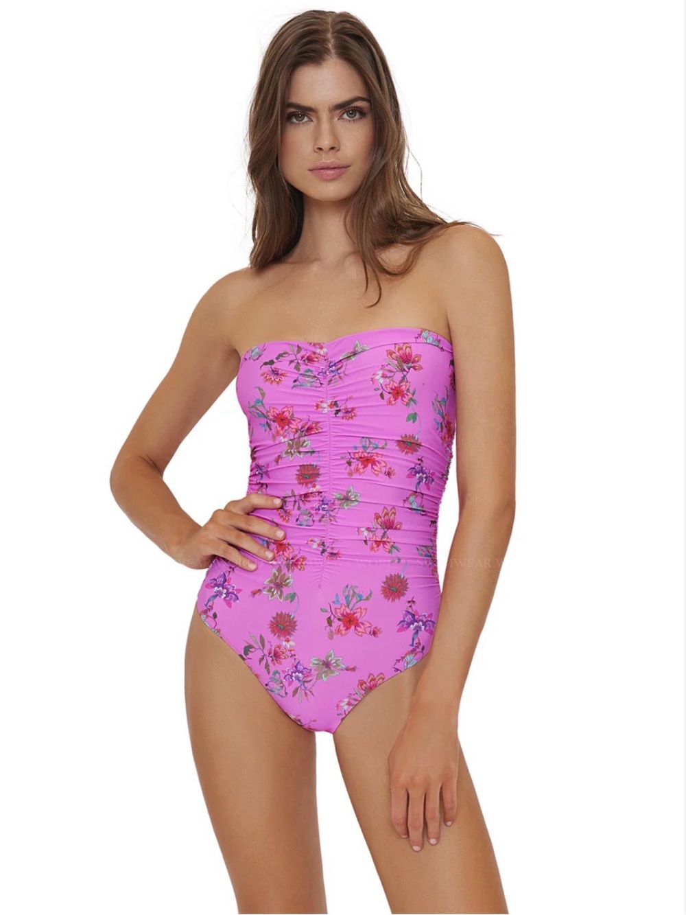 PQ Swim One Piece Pink Floral Ruched Swim Suit Size S NWT